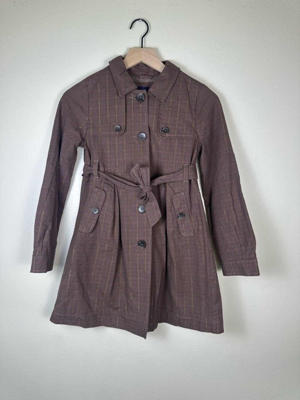 GAP Kids Girl Large‎ Chic Old Money Plaid Brown Tie Waist Trench Coat